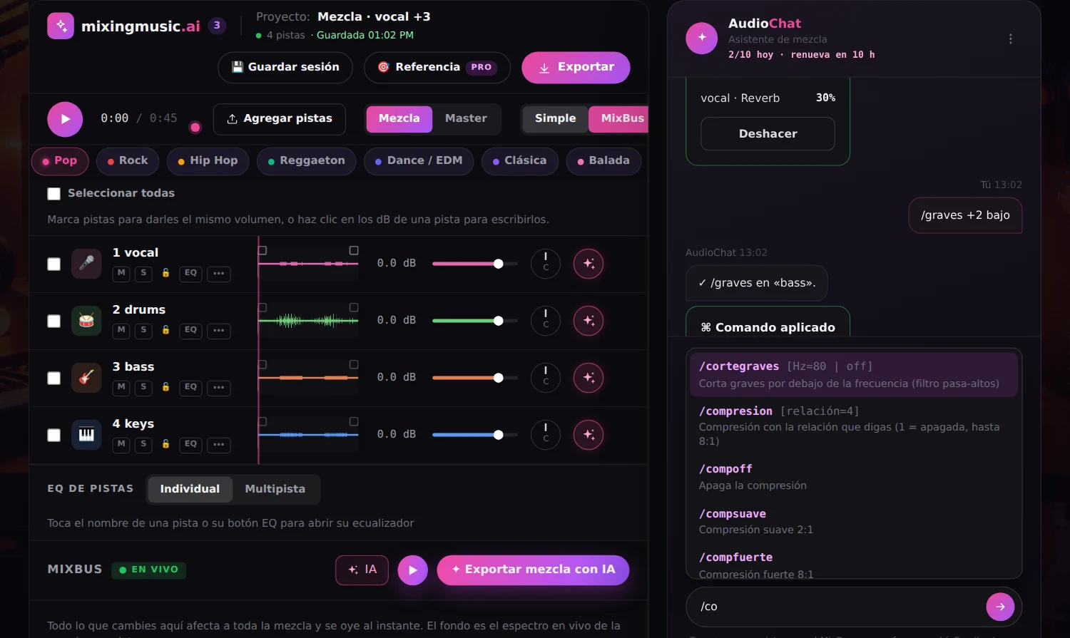 AudioChat de MixingMusic.AI con la lista de comandos abierta al escribir «/» y un comando /reverb aplicado a la voz con opción de deshacer
