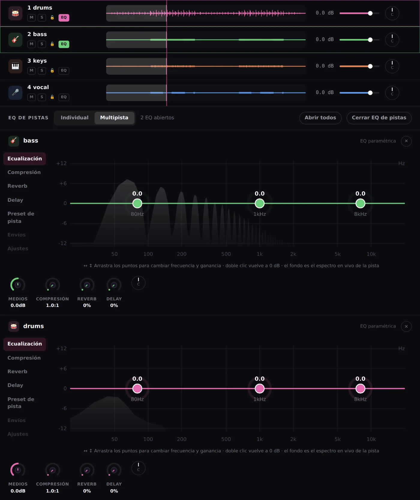 EQ por pista de MixingMusic.AI en modo Multipista: bajo y batería abiertos a la vez con su espectro