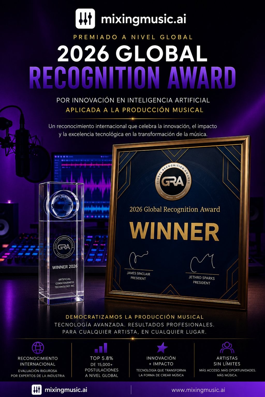 MixingMusic.AI, ganador del 2026 Global Recognition Award por innovación en inteligencia artificial aplicada a la producción musical